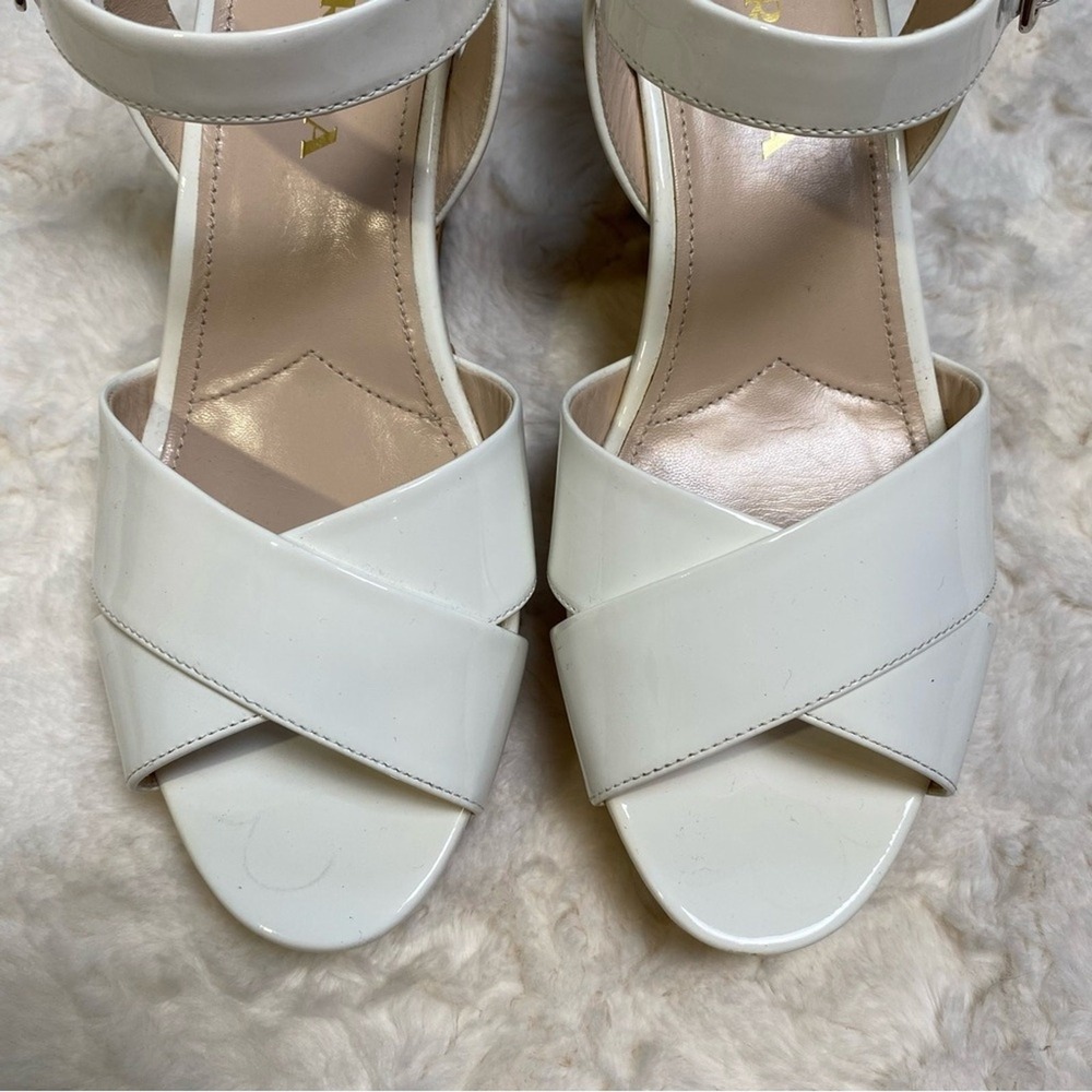 Prada White Patent Leather Criss Cross Ankle Strap Cork Wedge Sandals Size 39 - Picture 4 of 16